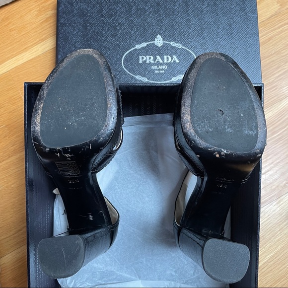 Prada Madras Classic Nero Open Toed Platform Heels - Picture 15 of 15